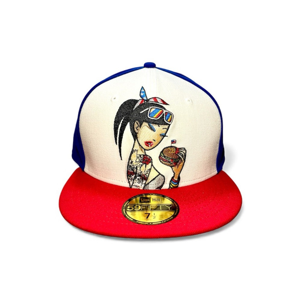 New Era 59FIFTY Tokidoki Fitted Cap Red White Blue Hat Burger Girl Sz 7-1/2 NWOT
